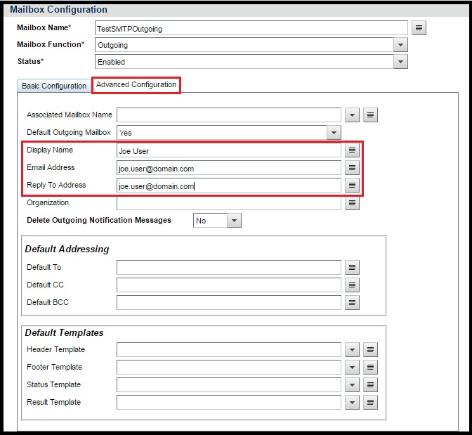 EE Mailbox Config form - Advanced Configuration tab